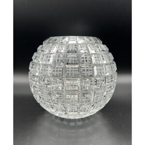 Ofnah Hand Cut Crystal 5” Mirrorball Checkered Rose Bowl Vase ~ Made in Poland